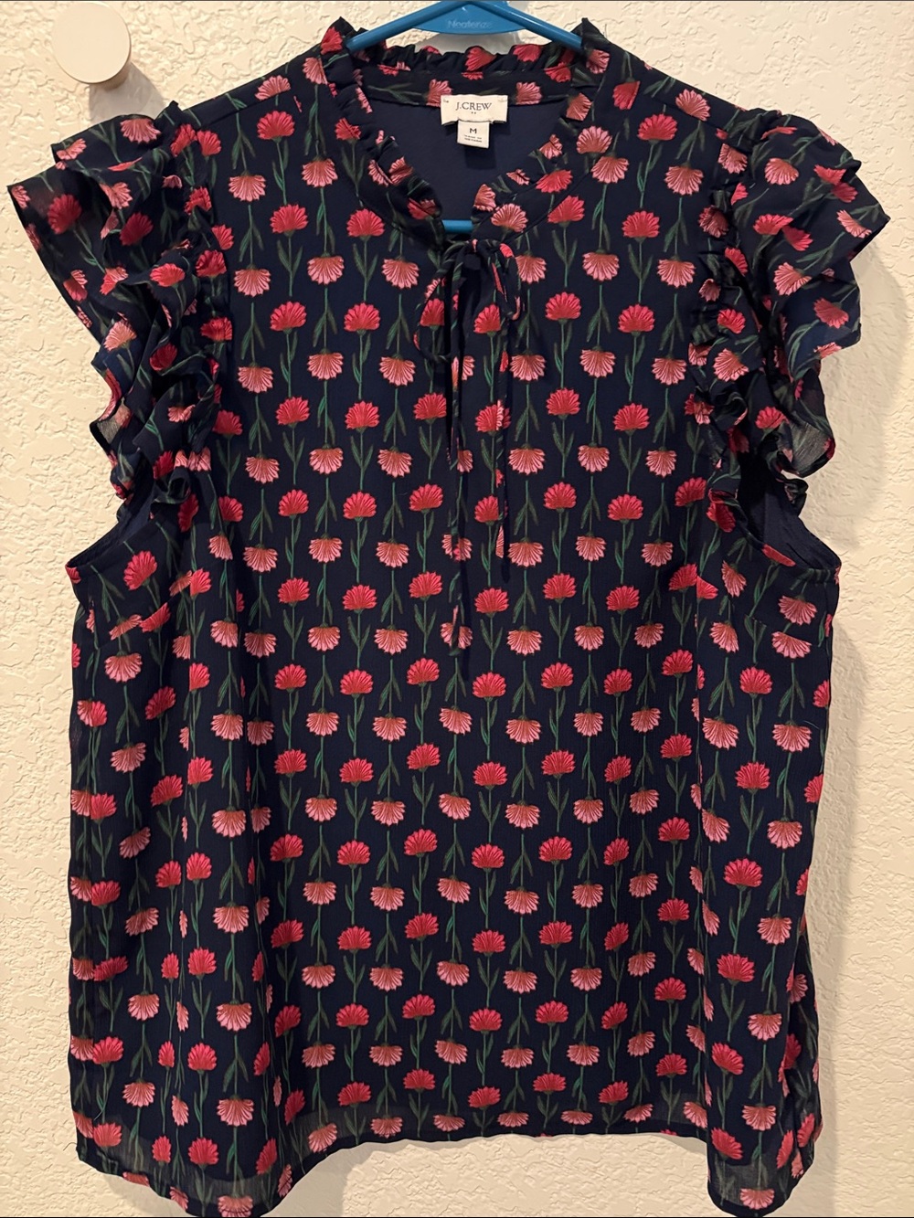 J. Crew Navy Floral Ruffle Tie-Neck Blouse